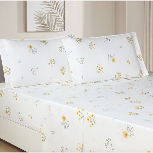 Leila Yellow Floral 100% Cotton Sheet Set with Pillowcases Cottagecore Farmhouse - Picture 1 of 2